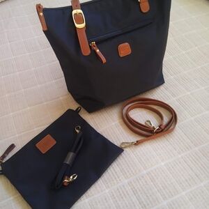 BRICS NAVY NYLON AND LEATHER SPORTINA TRAVEL TOTE SHOULDER BAG *EUC*